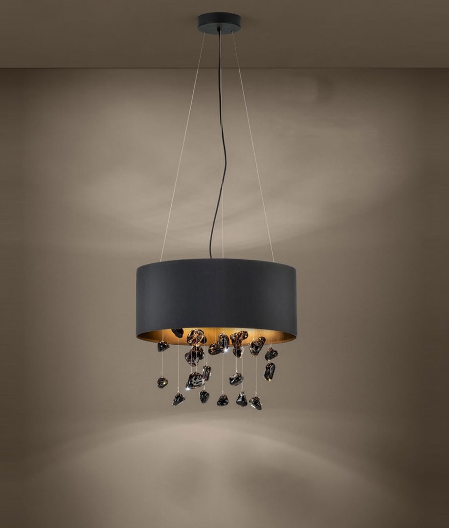 Modern Suspended Drum Light Pendant with Hanging Lava Glass