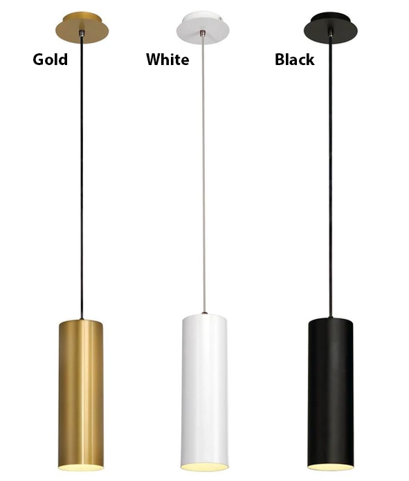 Slim Modern Tube Light Pendant Black, Gold or White with Matching