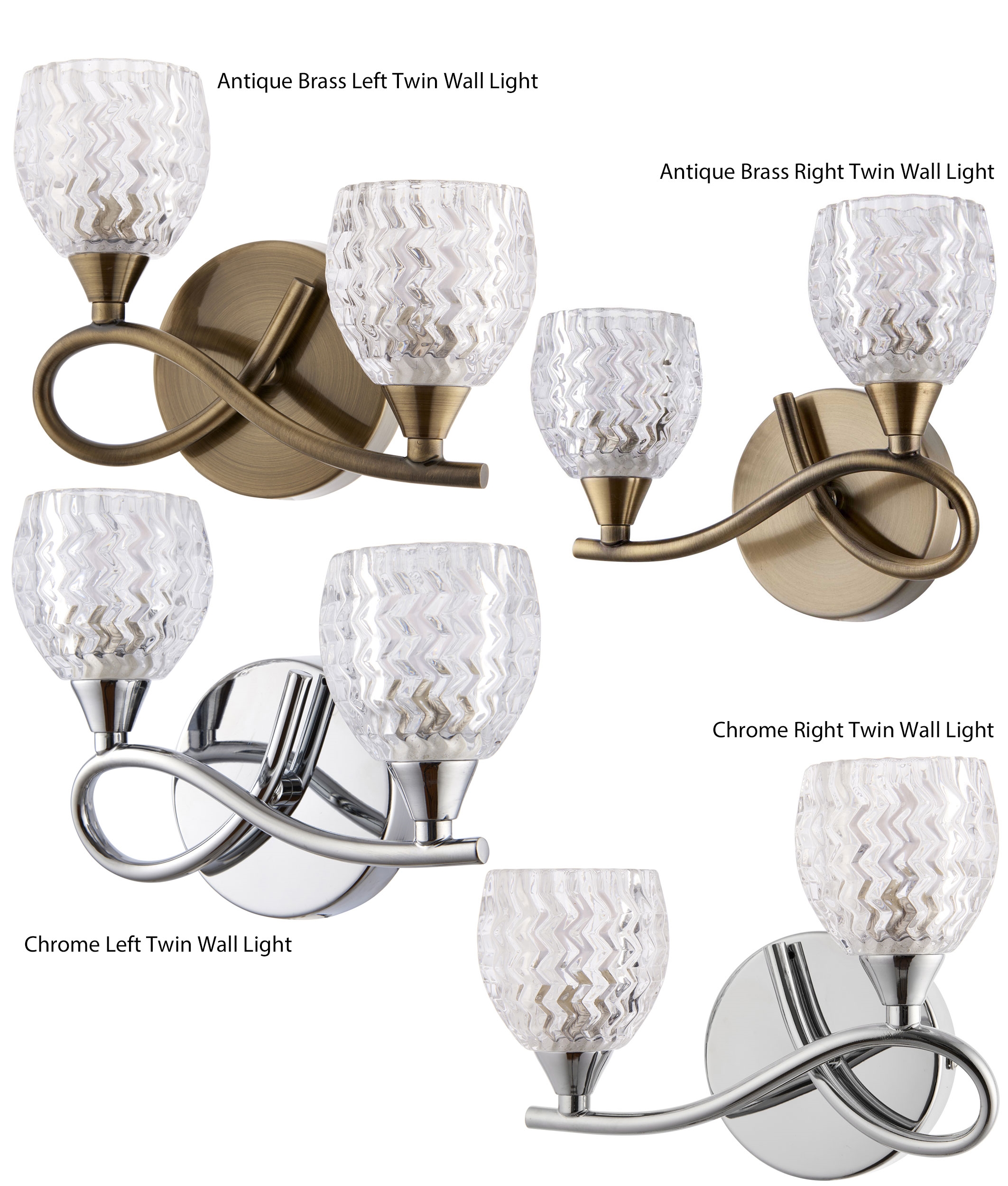 2 Lamp Left or Right Wall Light Chrome or Brass with Cut Glass