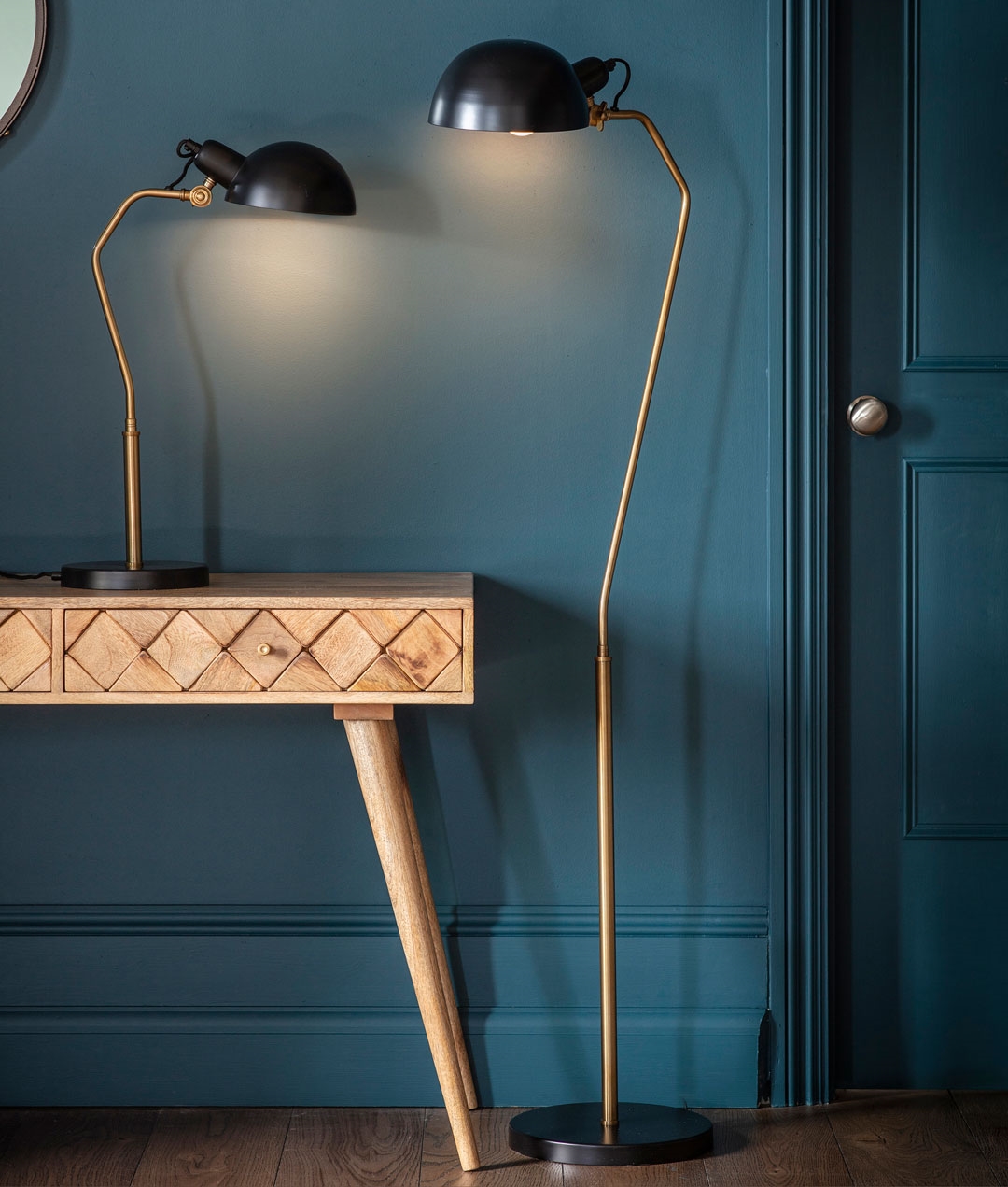Task Floor Lamp in Brass with Black Adjustable Shade