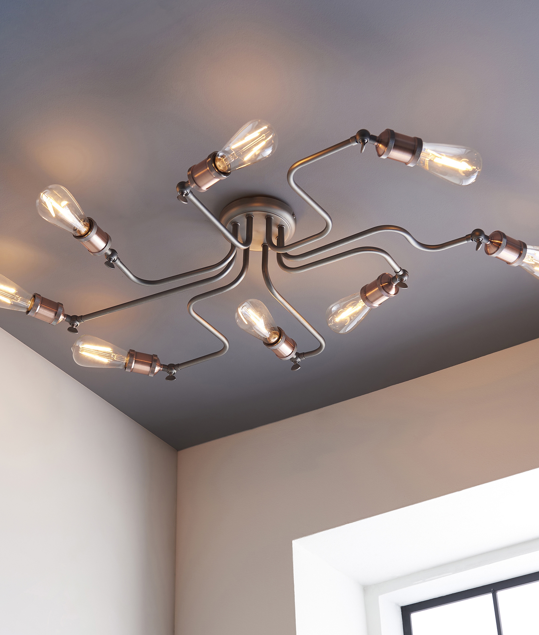 8 Lamp Semi Flush Ceiling Light in Copper and Pewter
