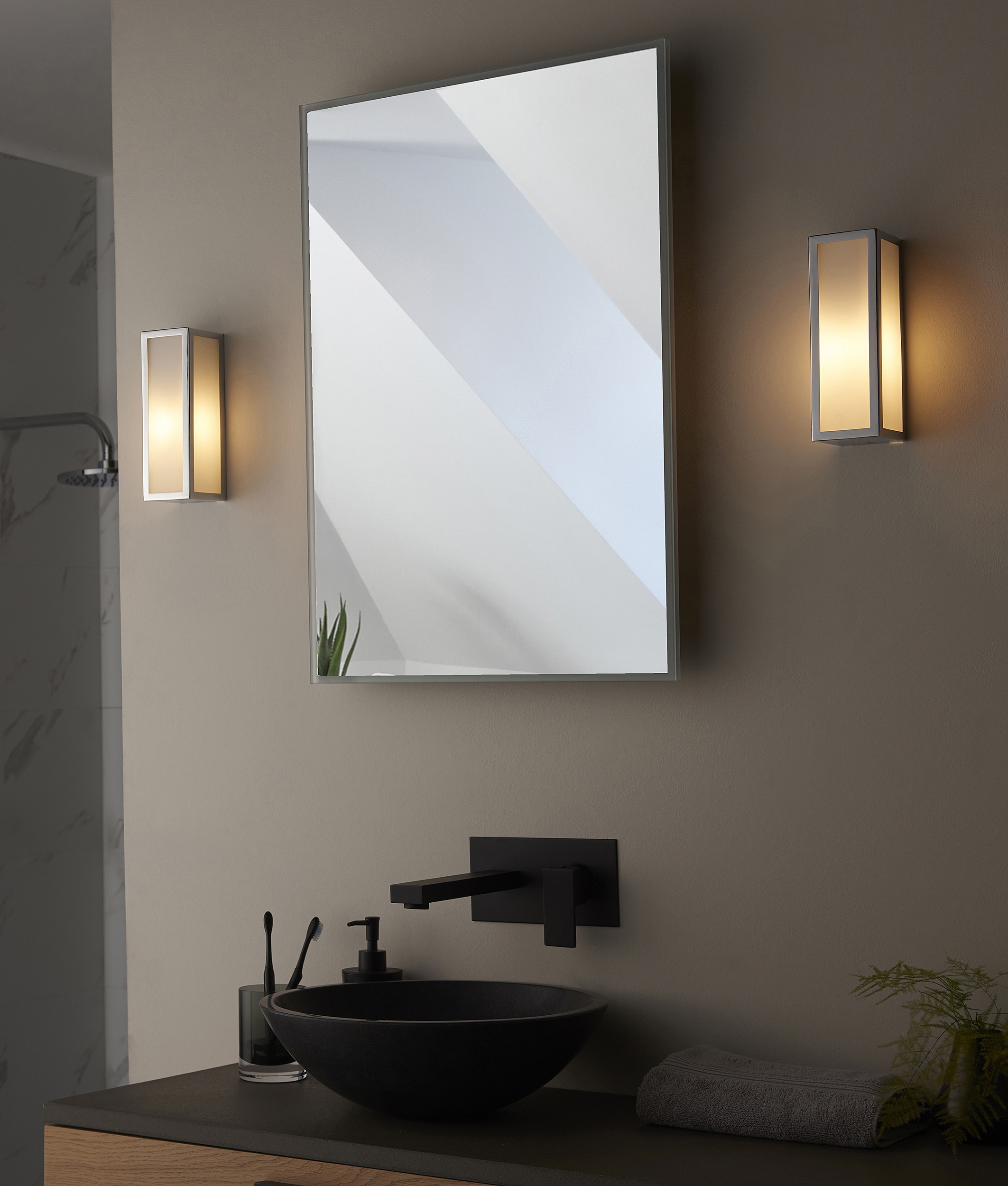 IP44 Boxed Frame Flush Mounted Wall Light Chrome & Frosted Glass