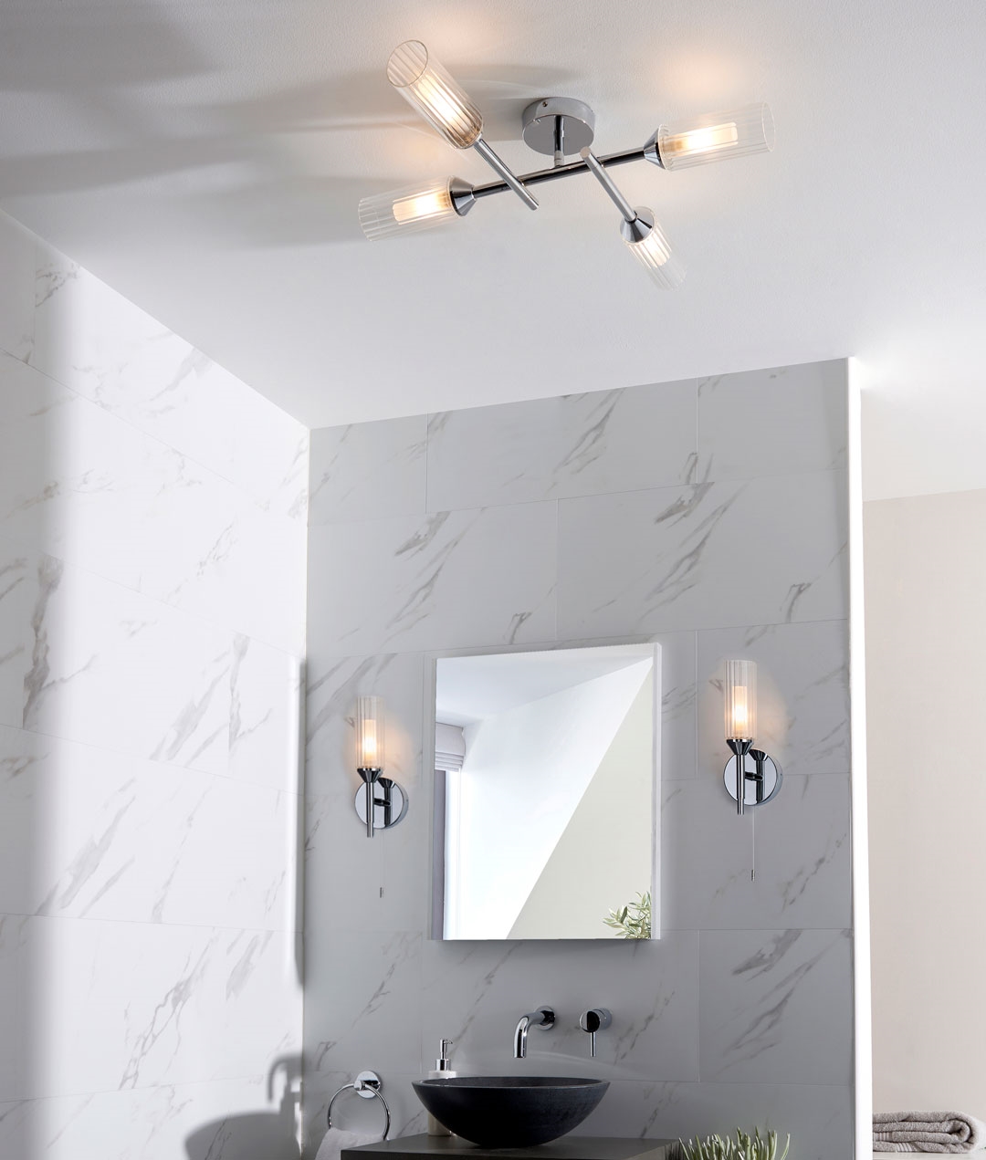 Elegant fluted glass bathroom safe ceiling light IP44 Polished Chrome ...