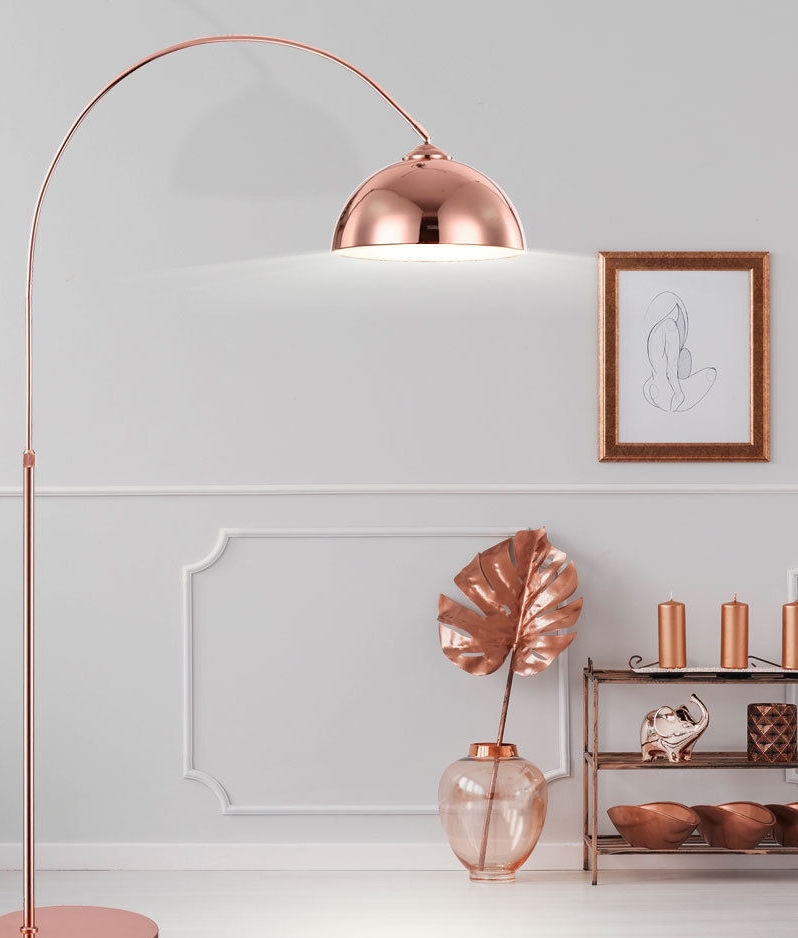 Shaded Arched Floor Lamp In Two Finishes, Copper Curved Floor Lamp