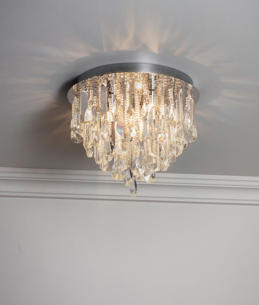 Flush Ceiling Light with Crystal Droplets and Chrome Detail