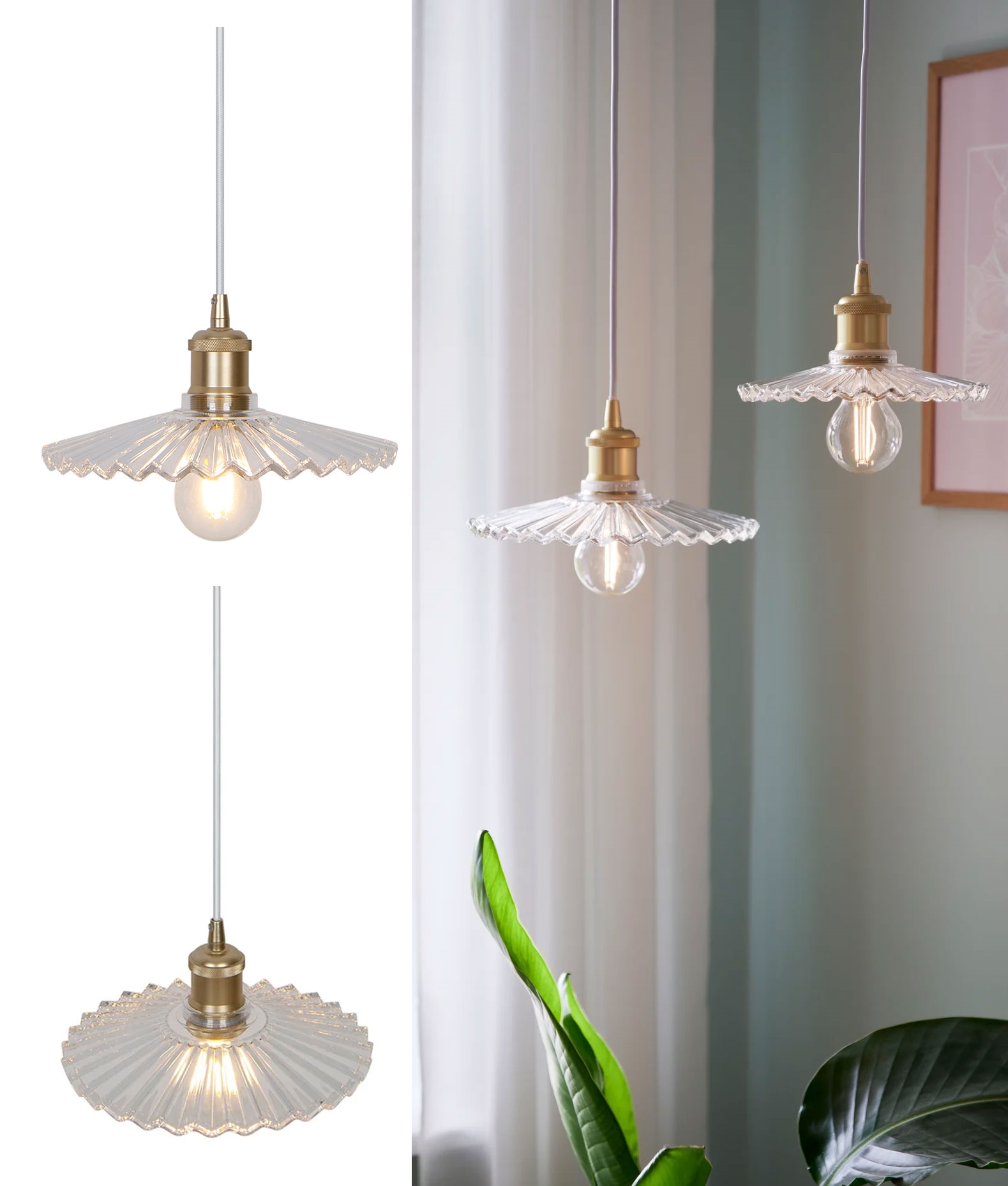 Fluted Glass Pendant in a Vintage Style Pendant with Brass Detailing