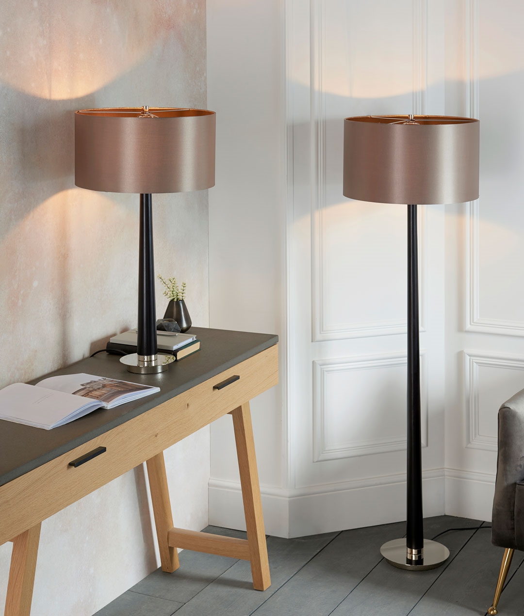 Mink Shaded Floor Lamp with Dark Wood Base and Nickel Detail