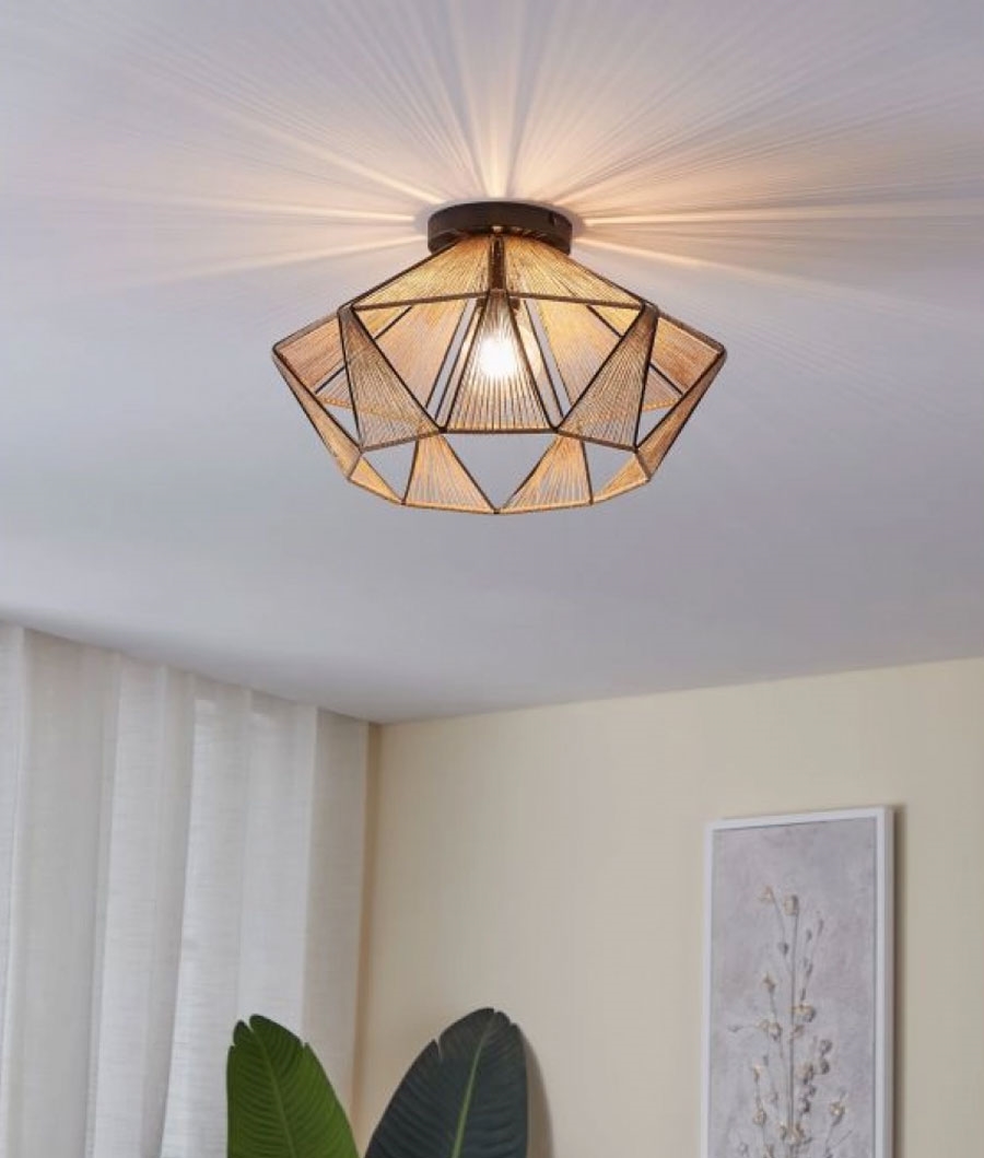 Raffia String and Black Metal Flush Ceiling Light