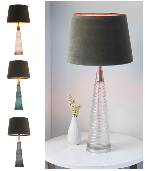 Ribbed Glass Table Lamp With Velvet Shade, Glass Ball Table Lamp With Velvet Look Shade Silver