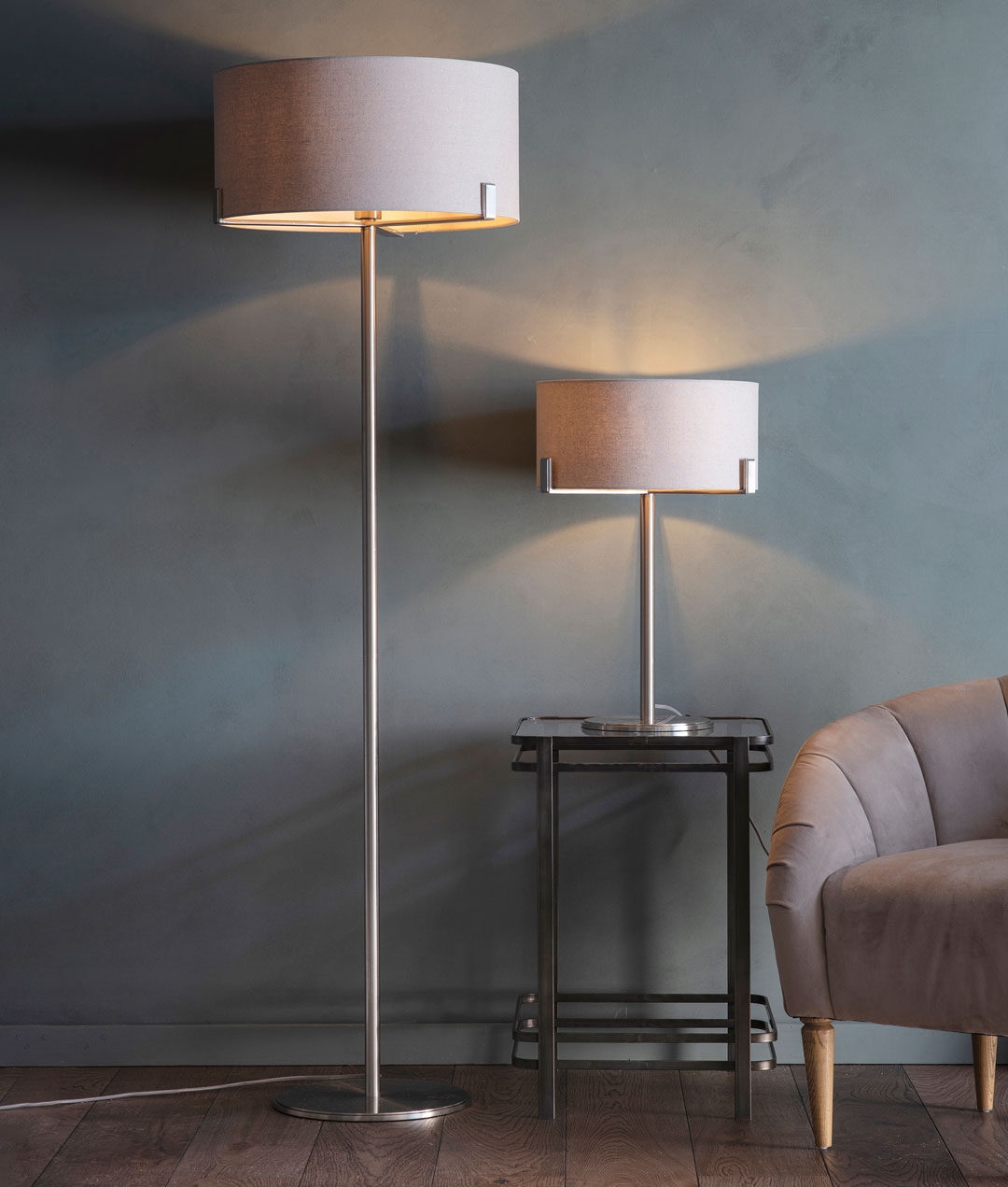 Satin Nickel Base Floor Lamp with Light Grey Linen Shade