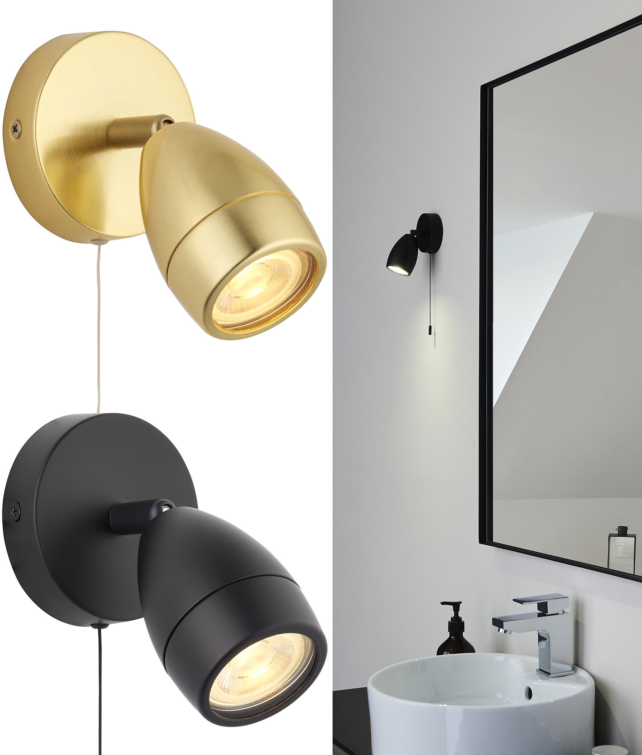 IP44 Bathroom Wall Mounted Adjustable Spotlight Matt Black & Satin Brass