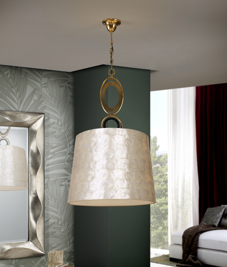 Pendant In Mother Of Pearl Finish With Gold Leaf Detail Part Of A Range Including Wall Light Flush Drums