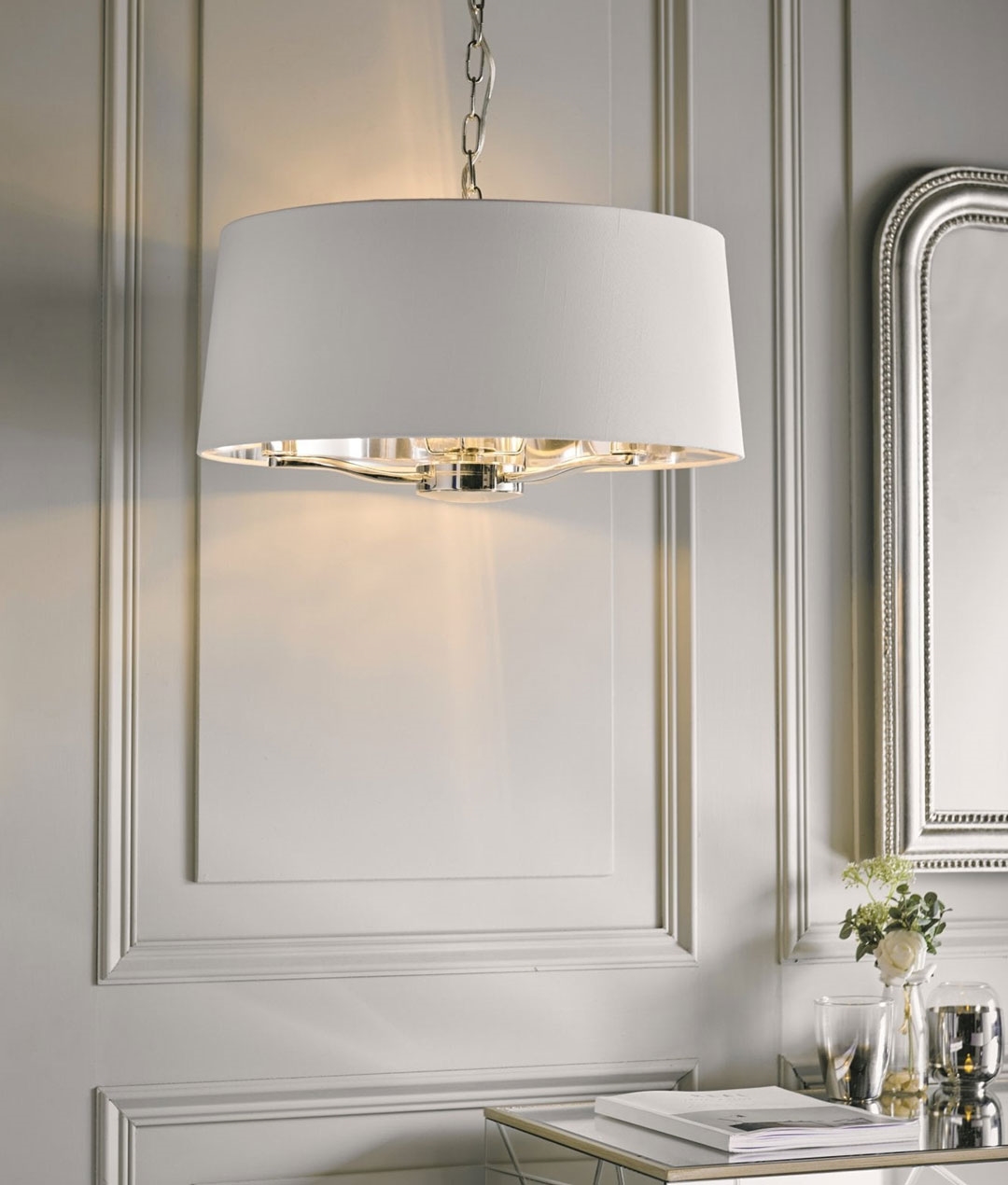 Large Shaded 3 Light Chandelier With White Silver Shade Light Chandelier With White Silver Shade, White Shades Chandelier Light