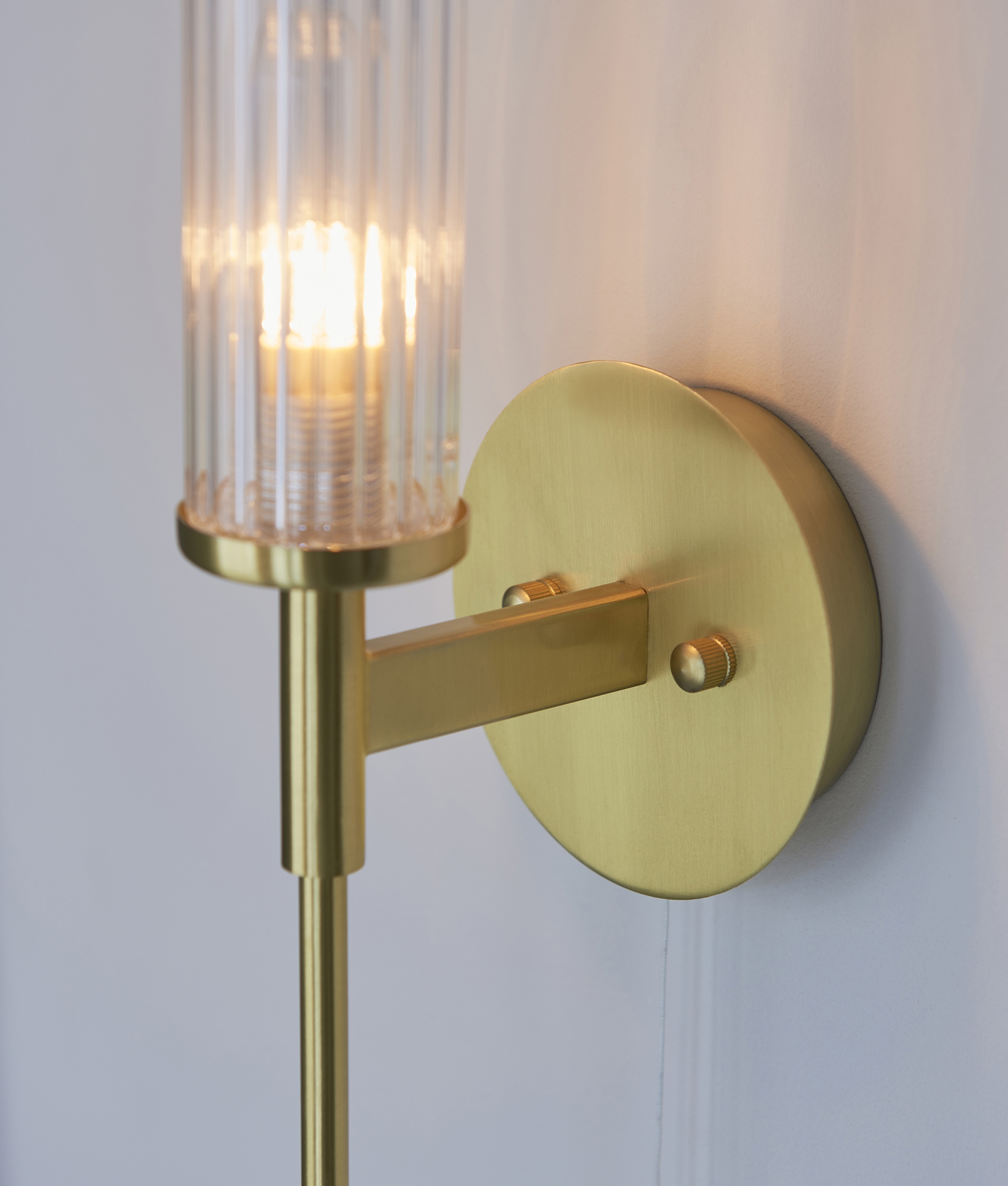 IP44 Art Deco Bathroom Wall Light Satin Brass & Ribbed Cylindrical Glass