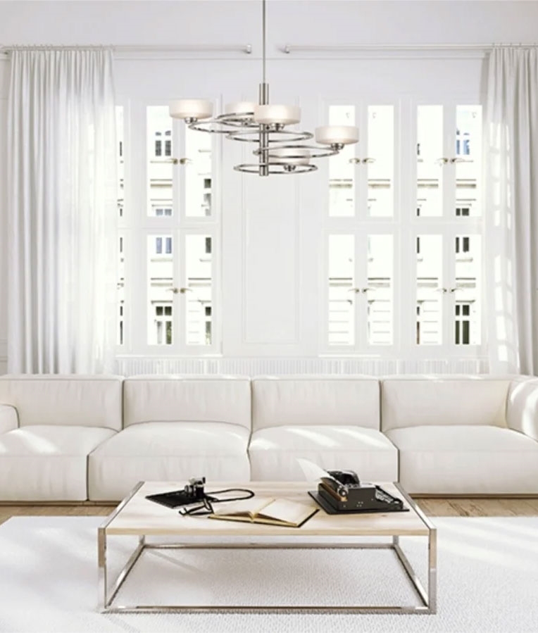 Spiral Pewter and Opal Glass 5 Light Chandelier
