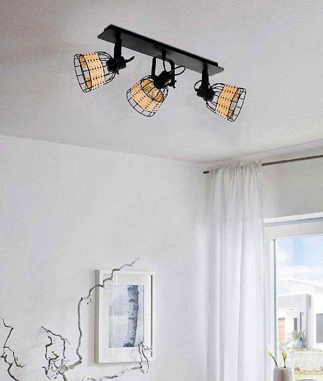 Boho Adjustable Black and Wicker Shade Flat Ceiling Spotlights