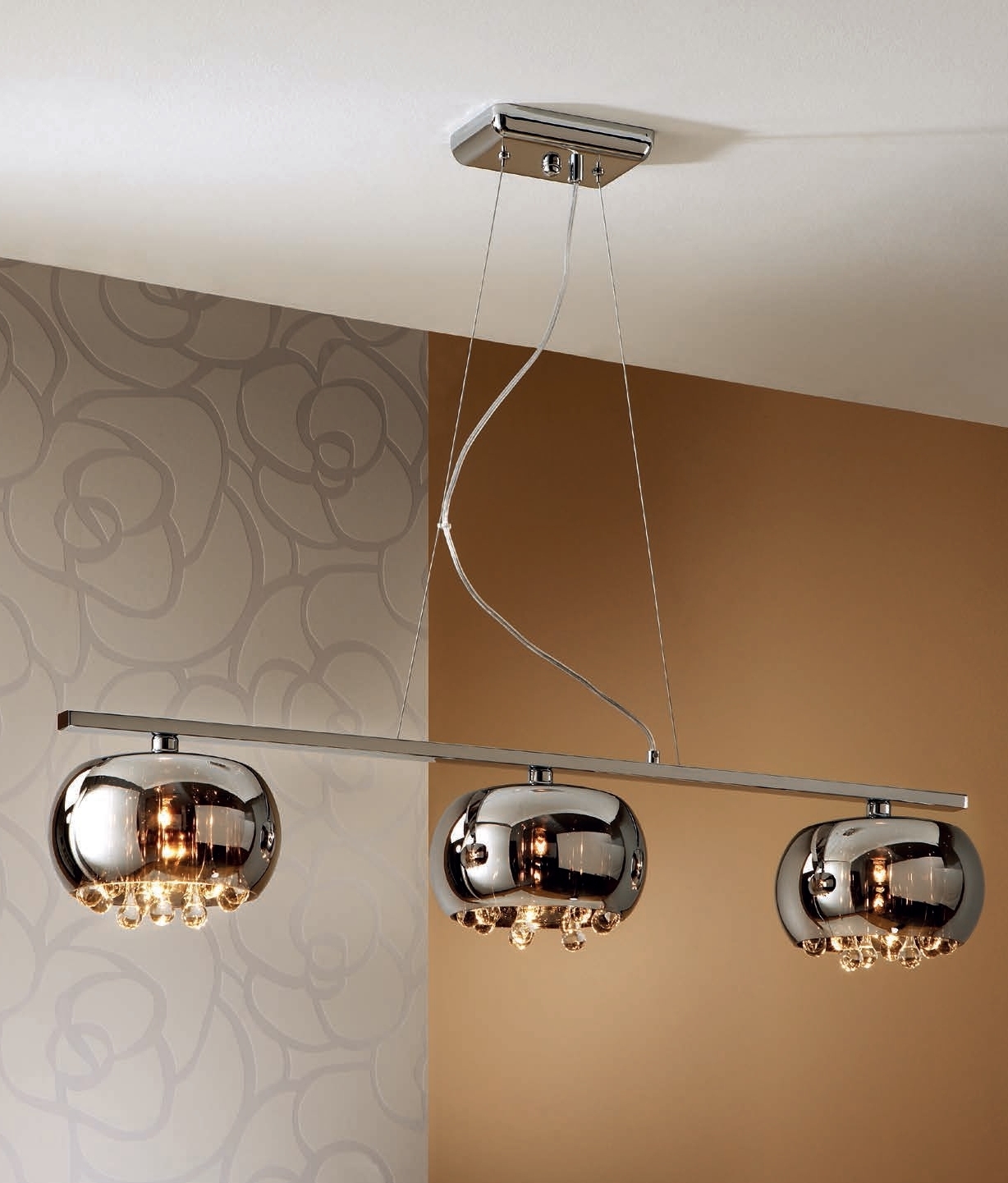 3 Light Bar With Barrel Shaped Smoked Glass Elongated Crystal Drops