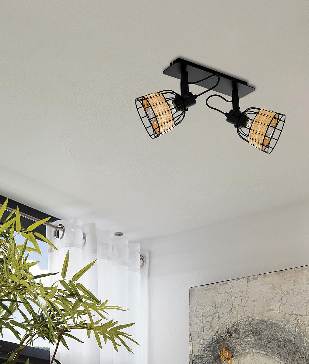 Boho Adjustable Black and Wicker Shade Flat Ceiling Spotlights