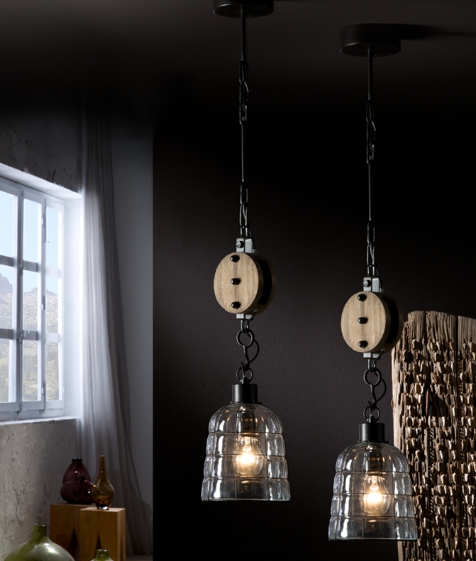 Block and Tackle Rise Fall Glass Light Pendant