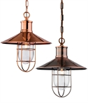 Metal Coolie Shade Light Pendant with Caged lamp & Clear Glass - in Brass or Copper Finish