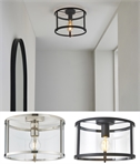 Drum-Shaped Glass Flush-Fitted Ceiling Light - Bright Nickel or Matt Black Metalwork