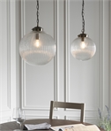 Reeded Clear Glass and Brass Globe Pendant - School House Style 