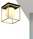 Flush Mounted Brass Box with Single Opal Glass Globe